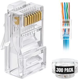 AmSecu 300-Pack RJ45 Pass Through Connector, Cat6, Gold Plated EZ Pass Cable Pass Through RJ45 connectors, RJ45 Modular Plugs, Ethernet Plugs (300 Pack)