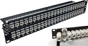 Electriduct 48-Port CAT6A Unshielded 2U Patch Panel 19-Inch Loaded w/Tool-Less Keystone Jacks Rackmount or Wallmount