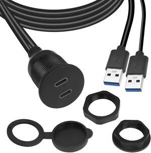 QIANRENON Dual USB C to USB 3.0 Threaded Flush Mount Waterproof Cable Adapter, 2 USB 3.0 Male to 2 USB C Female Panel Mount Extension Cable, for Car Boat Truck Yacht Motorcycle, 1m/3.3ft