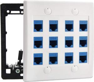 diyTech Ethernet Wall Plate - 12 Port RJ45 Cat6 Ethernet Wall Outlet, Female to Female Cat6 Wall Jack Keystone, Ethernet Plug in Wall Outlet, for Network Outlet Setup - White