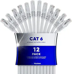 Maximm Cat 6 Ethernet Cable 1 ft 12 Pack - High-Speed LAN Cable, Internet Cable, Patch Cable, and Network Cable - UTP, 10Gbps, 550MHz Ethernet Cord - White