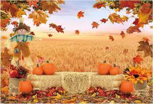 Funnytree 7X5FT Fall Backdrop Autumn Pumpkin Harvest Thanksgiving Hay Maple Leaves Background Baby Shower Birthday Party Decor Portrait Studio Photobooth Photography Props Gift Supplies Yellow