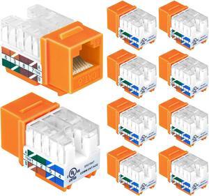 VCELINK RJ45 Cat6 Keystone Jacks Slim Profile UL-Listed 10-Pack, 90-Degree Ethernet Punch Down Keystone Jack Adapter in Orange