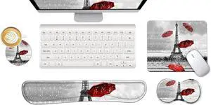 ToLuLu Keyboard Wrist Rest + Mouse Pad Set+ Mouse Wrist Rest Support Combo, Memory Foam for Easy Typing Pain Relief, 4Pcs Non-Slip Keyboard Mouse Pad Set for Home & Office, Eiffel Tower