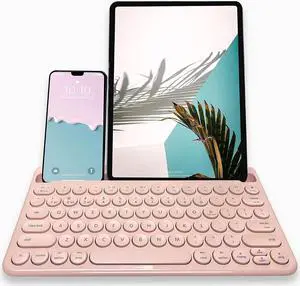Macally Small Bluetooth Keyboard for Tablet and Phone - Multi Device Wireless Keyboard for iPhone iPad Android - Rechargeable Bluetooth Tablet Keyboard with Stand - Pink