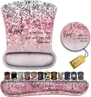 Mouse Pad with Wrist Support, Ergonomic Gel Mouse Pad, Memory Foam Keyboard Wrist Rest Suitable for Office Typing Games, Psalm 46:5 Bible Verse and Pink Glitter Desk Pad
