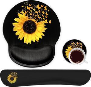 Ergonomic Mouse Pad Wrist Support Gel and Keyboard Wrist Rest Set for Laptop, Mac, Gaming and Office, Durable, Comfortable and Pain Relief + Coaster, Sunflowers and Butterflies in Bloom