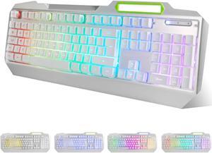 RGB LED Backlit Gaming Keyboard with Anti-ghosting, Light up Keys Multimedia Control, USB Wired Waterproof Metal Keyboard for PC Games Office (Silver&White)