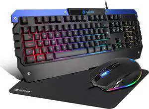 SADES Battle Ram Gaming Keyboard and Mouse: Low Profile Backlit RGB - Full Size - Wired Light Up USB - Waterproof Membrane - Ergonomic Wrist Rest Gaming Keyboard with Included Mouse Pad