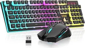 RedThunder K10 Wireless Gaming Keyboard and Mouse Combo, RGB Backlit Rechargeable 3800mAh Battery, Mechanical Feel Anti-ghosting Keyboard with Pudding Keycaps + 7D 3200DPI Mice for PC Gamer (Black)