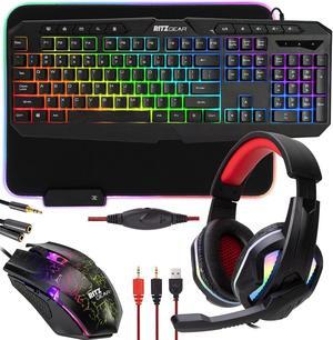 Ritz Gear RGB Gaming Accessories Kit | 4-in-1 Rainbow LED Backlight Bundle PC Combo with Multimedia Keyboard, Optical Mouse, Mouse Pad & Headset w/Adapter | for Windows 7+ Desktop, Laptop, Xbox & PS4