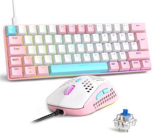 RK-T60 Wired Mechanical Gaming Keyboard and Mouse Combo Portable with Rainbow Backlit 62Key NKRO 6400DPI RGB Honeycomb Mice for PS4/PC/WIN Gamer(Pink/Blue Switch)