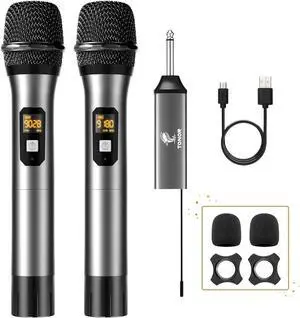 Wireless Microphone, UHF Dual Cordless Metal Dynamic Mic System with Rechargeable Receiver, for  Singing, Wedding, DJ, Party, Speech, Church, Class Use, 200ft (TW630), Gray