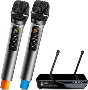 Bietrun Wireless Microphone with Echo/Treble/Bass, UHF 160ft Range, Dual UHF Cordless Dynamic Mic Handheld Microphone System for Home , Meeting, Party, Wedding(Receiver with Bluetooth)