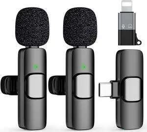 2 Pack Type C Mini Wireless Lavalier Microphone for iPhone 15, iOS and Android Devices - Noise Reduction Lapel Mic for Recording, Clip on Mic, Omni Lav Mic for Video Recording, Tiktok, Youtube, Vlog