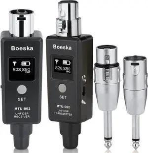 Wireless XLR Transmitter and Receiver, UHF XLR Adapter System for Dynamic Microphone Guitar, 48k Sampling Frequency, 100 Feet Range