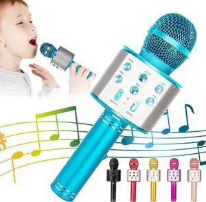 KIDWILL Wireless Bluetooth  Microphone for Kids, 5-in-1 Portable Handheld  Mic Speaker Player Recorder with Adjustable Remix FM Radio for Kids Girls Boys Teens Birthday (858-Blue)