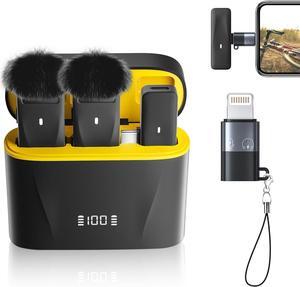 Wireless Lavalier Microphone for iPhone Android iPad with Lightning Adapter, USB C Microphone, iPhone Microphone for Video Recording, Streaming -2 Pack, 48KHz 32Bit, 100ft, Noise Canceling