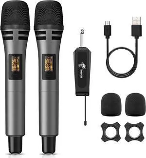 Wireless Microphones, UHF Dual  Microphone System, Microfonos Inalambricos with Rechargeable Receiver, Cordless Dynamic Mic Micro Set for Singing, Wedding, DJ, Party, Speech TW320 Grey