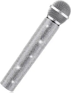 Fake Microphone Prop Sparkly Bling Rhinestones Microphone Prop Plastic Play Microphone Pretend Glitter Bedazzled Microphones for Disco Stage Living Broadcast Live Streaming Party(Silver)