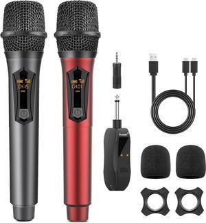 Aveek Wireless Microphone for , Rechargeable 2.4GHz Mic for Singing, Speeches, Weddings, Church, Compatible with  Machines, Amplifiers, Speakers, Mixers, Grey & Red, 2 Packs