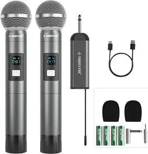 Phenyx Pro Dual Digital Wireless Microphone System, w/2 Handheld Dynamic Microphones,15 UHF Frequency Groups, Mini Receiver, Metal Cordless Microphone for ,Church,DJ,Singing (PDP-2-2H)