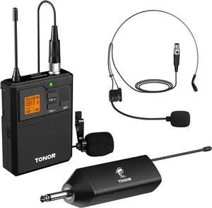 UHF Wireless Microphone System with Headset Mic/Lavalier Lapel Mic, Bodypack Transmitter, Rechargeable Receiver, 15 Channels 200ft Range 1/4" Output for Recording Live Performance PA Speaker