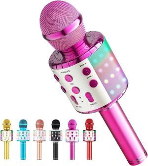 Microphone Wireless Bluetooth  Microphone for Kids,Singing Microphone with LED Lights  Machine Portable Mic Player Recorder Party Birthday Toys for 4-14 Year Old Girls Boys(Rose Red)