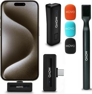 Movo Wireless Mini UC Ultra Compact Wireless Lavalier Microphone for iPhone 15 with WMX-HM Handheld Adapter - Lapel Mic with Handle Mount for Content Creators, Interviews, Reporting and More
