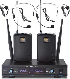 Dual Channel UHF Wireless Microphone System, 2x30 Adjustable Frequencies, Lavalier & Headset Microphone System for Meeting, Church, 300ft Range (2 Bodypack)