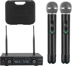 Wireless Microphone System with case, Metal UHF Dual Handheld 20 Channels Professional Cordless Mic System for Church, DJ, ,Wedding, Home KTV Set