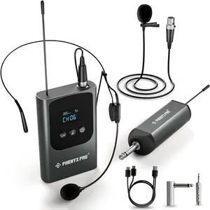 Phenyx Pro Single Digital Wireless Microphone System, w/Mini Receiver, Bodypack Transmitter,15 Channels in 900MHz UHF Band, Headset/Lapel Microphone for , Singer, Church, Wedding (PDP-1-1B)