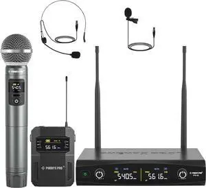 Phenyx Pro Wireless Microphone System,Metal Wireless Mic Set with Handheld Microphone/Bodypack/Headset/Lapel Mics,2 x 30 UHF Frequencies, Cordless Mic for Singing, , Church, DJ(PTU-52-1H1B)
