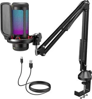 USB Microphone Set for PC,  RGB Condenser Mic with Boom Arm Quick Mute, RGB Lighting, Pop Filter, Shock Mount, Gain Control for Streaming Podcasting Recording Discord Twitch YouTube TC310+