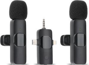 2 Pack Wireless Lavalier Microphones for iPhone, iPad, Android.Mini microphone for recording live videos, Tiktok, YouTube and Facebook (3-in-1)