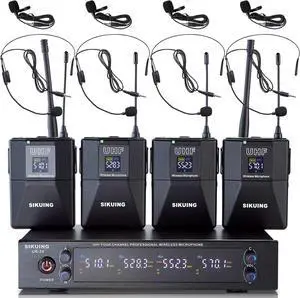 4 Channel UHF Wireless Microphone System with Lavalier Headset Mics, 4x50 Adjustable Frequencies, Ideal for  Meeting Church, 300ft Range (4 Bodypack)
