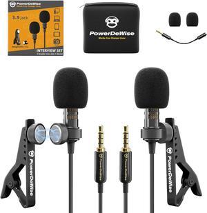 PowerDeWise Professional Grade 2 Lavalier Clip-On Microphones Set for Dual Interview - Double Lav Lapel Microphone - Use for iPhone Phone Camera - Video Recording Noise Cancelling 3.5mm Mic
