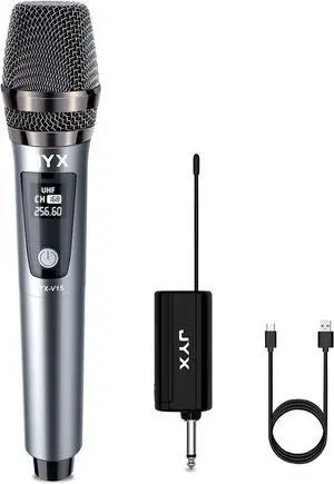 Wireless Microphone,  UHF Metal Handheld Dynamic Mic System with Rechargeable Receiver 1/4''(6.35mm) Plug, for Amplifier, PA System,  Singing, Wedding, Party, Speech, Church