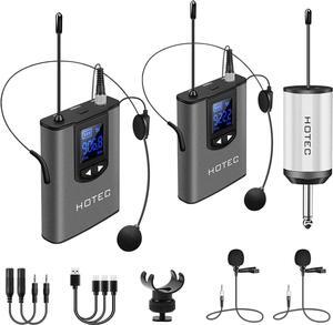 Hotec Wireless System with Dual Headset Microphones/Lavalier Lapel Mics and Bodypack Transmitters and One Mini Rechargeable Receiver 1/4" Output, for Live Performances