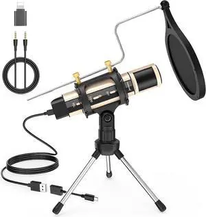 ZealSound Microphone,USB&3.5mm Mic W/Type-C Adapter for i-Phone Computer phone,Condenser Microphone with Echo Volume,Tripod Stand,Pop Filter,for ASMR Video Recording Streaming Discord Twitch