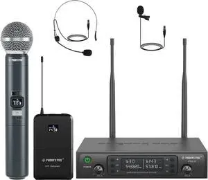 Phenyx Pro Wireless Microphone System, Dual Mic Set with Handheld/Bodypack/Lapel Mics,2x100 UHF Channels,328ft Range,for Singing,Church(PTU-71-1H1B)