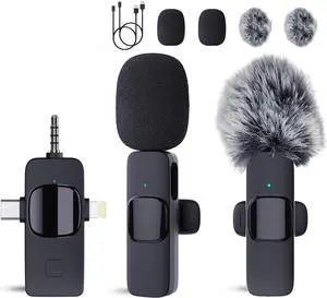 Wireless Lavalier Microphone for iPhone Android Camera with Furry Windproof Covers, Dual Lavalier Microphone for Interviews, Live Streaming, YouTube, TikTok, Plug-Play, 3-in-1 Receiver