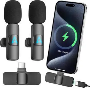 iPhone 15 Mics, 2 Pack Wireless Lavalier Microphone for iP15 Pro/Max - Plug-Play Crystal Clear Sound Quality, Long Lasting for Interviews, Podcasts, Vlogs, and More