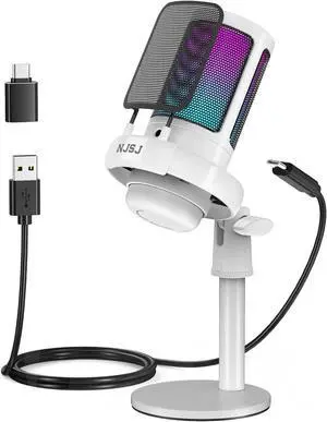 NJSJ USB Microphone for PC, Gaming Mic for PS4/ PS5/ Mac/Phone,Condenser Microphone with Touch Mute, RGB Lighting,Gain knob & Monitoring Jack for Streaming,Podcasting (with desktop stand, White)