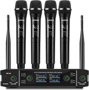 UHF Wireless Microphone Systems, 4 Channels Cordless Handheld Dynamic  Mic Set, Auto Connect 300ft Range Transmission for Singing, , DJ Party, Church, Wedding, PA Speaker