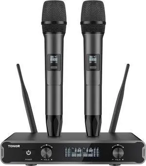 Dual Wireless Microphone Systems, UHF Cordless  Microfono Set, Metal Handheld Dynamic Mic 200ft for Singing with Receiver for , DJ Party, Church, Wedding, Speech, PA TW450 Grey