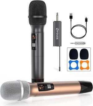FDUCE W19II Wireless Microphone,  Mic, UHF Dual Handheld Dynamic System with Rechargeable Receiver for Party, Church, Meeting, Wedding, 260ft (Grey and Gold)