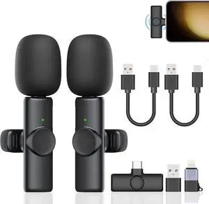 Wireless Lavalier Lapel Microphone for iPhone/iPad/Android/Laptop, Type-C Port Mini Recording Mic for Video Recording, Interview, TikTok, YouTube, Vlog, Plug and Play, Noise Reduction (Set of 2)