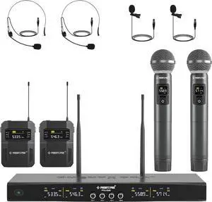 Phenyx Pro Wireless Microphone System, 4-Channel Wireless Mic Set with Handheld/Bodypack/Headset/Lapel Mics, Cordless Microphone for Singing, , Church (PTU-5200-2H2B)