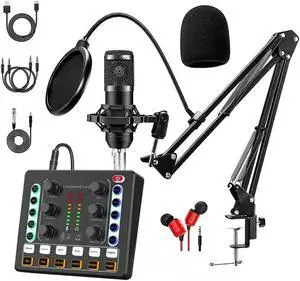 Podcast Equipment Bundle, BM-800 Podcast Microphone Bundle-Voice Changer with live Sound Card-Studio Condenser Microphone for Phone, PC, DJ, Perfect for Recording, Singing, Streaming and Gaming